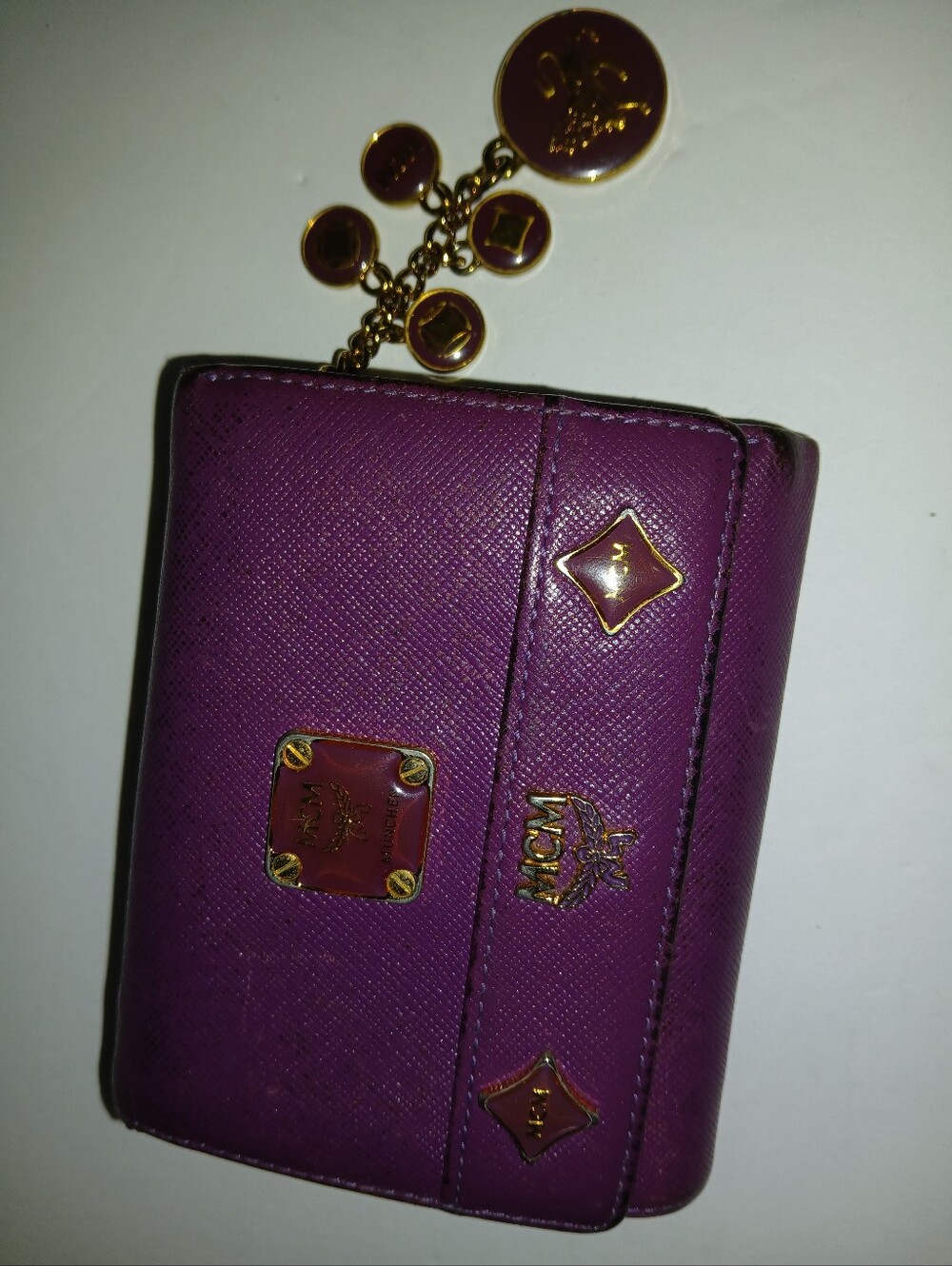 Vintage MCM Tri-fold Compact Wallet with Gold Charm Accents